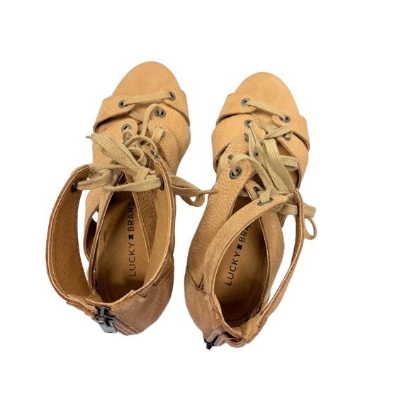 Lucky Brand Genevie Women's 7M Tan Beige Nubuck Leather Cage Lace-Up Sandals - Picture 7 of 7